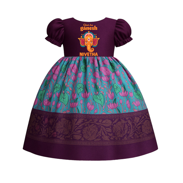 Ghar Ka Ganesha Pattu Pavada | Personalized Baby Pattu Pavada for Ganapati Celebration - GRAPE - 0 - 3 Months Old (Chest 18")