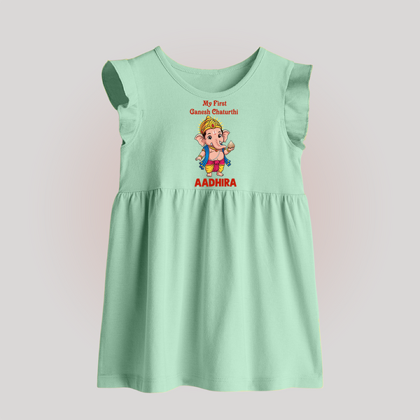 My First Little Ganesha Divine Blessings Printed Baby Frock - MINT GREEN - 0 - 3 Months Old (Chest 17")