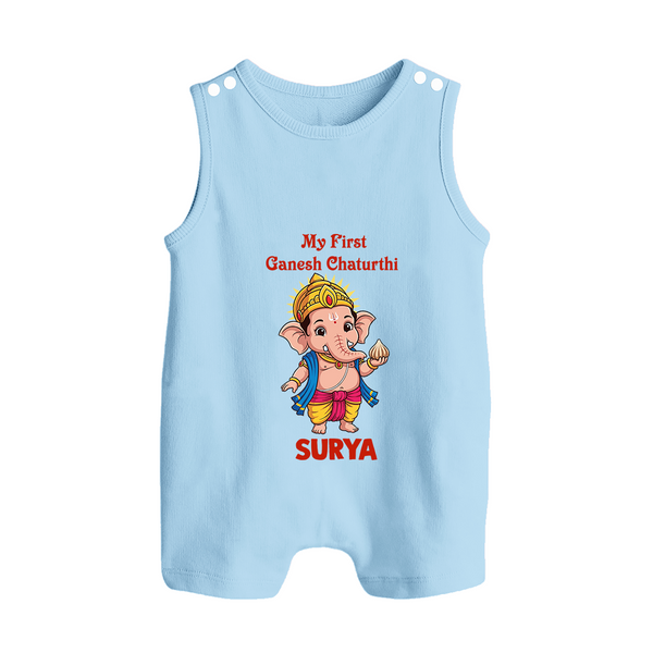 My First Little Ganesha Divine Blessings Printed Button Romper - BABY BLUE - New Born (Chest 18")