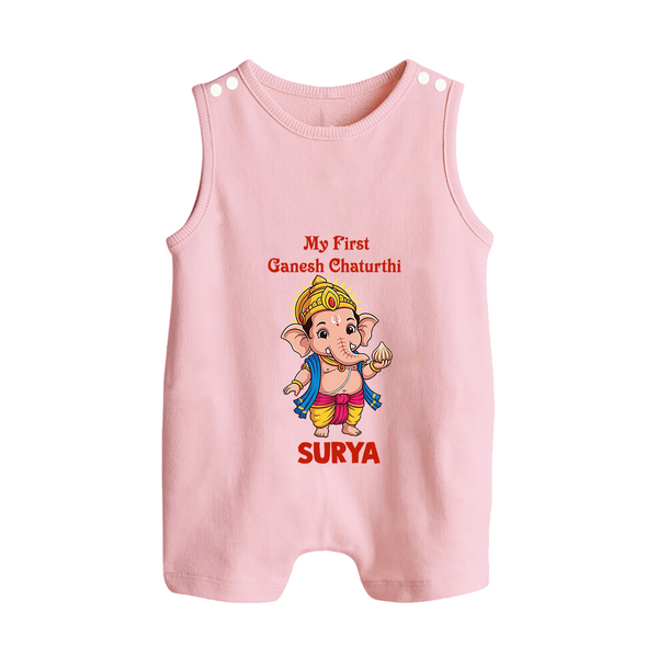 My First Little Ganesha Divine Blessings Printed Button Romper - BABY PINK - New Born (Chest 18")