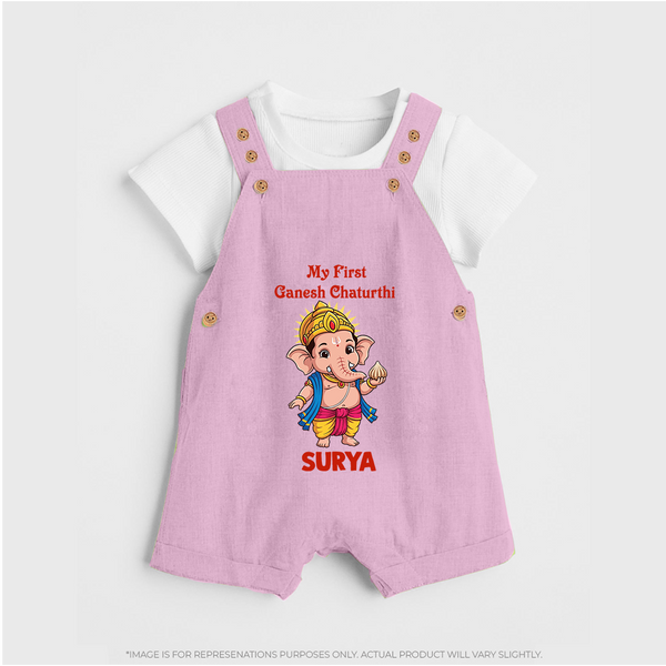 My First Little Ganesha Divine Blessings Printed Dungaree - BABY PINK - 0 - 5 Months Old (Chest 18")