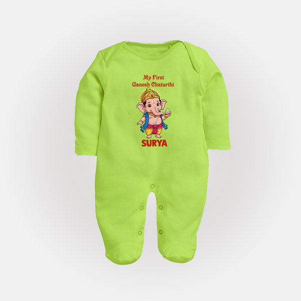 My First Little Ganesha Divine Blessings Printed Fullbody Suit - LIME GREEN - New Born (Chest 7.5")