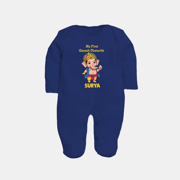 My First Little Ganesha Divine Blessings Printed Fullbody Suit - NAVY BLUE - New Born (Chest 7.5")