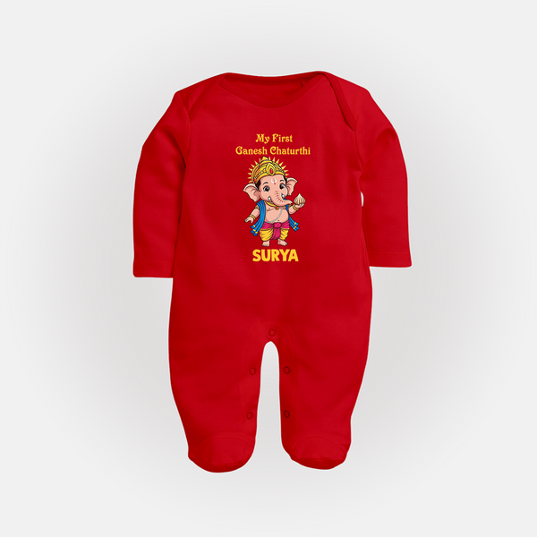 My First Little Ganesha Divine Blessings Printed Fullbody Suit - RED - New Born (Chest 7.5")