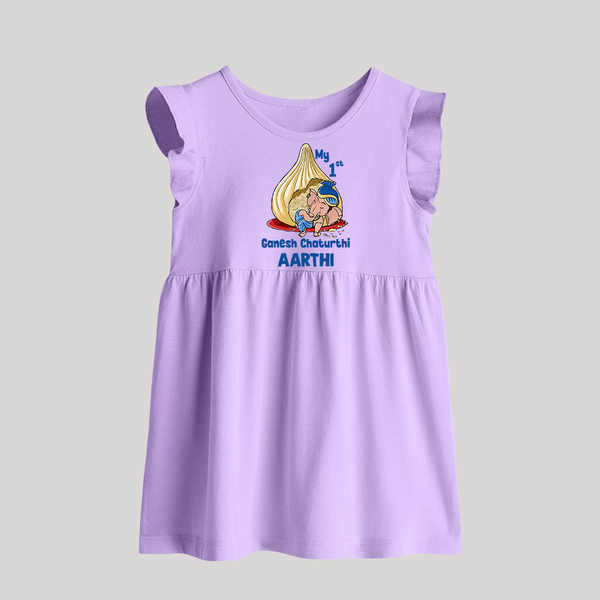 My First Cute Ganesha Under Umbrella Celebration Printed Baby Frock - LILAC - 0 - 3 Months Old (Chest 17")