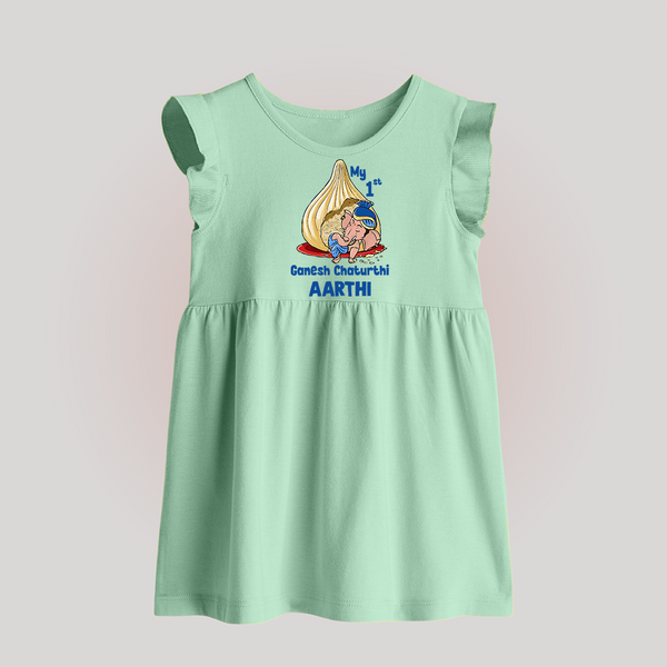 My First Cute Ganesha Under Umbrella Celebration Printed Baby Frock - MINT GREEN - 0 - 3 Months Old (Chest 17")