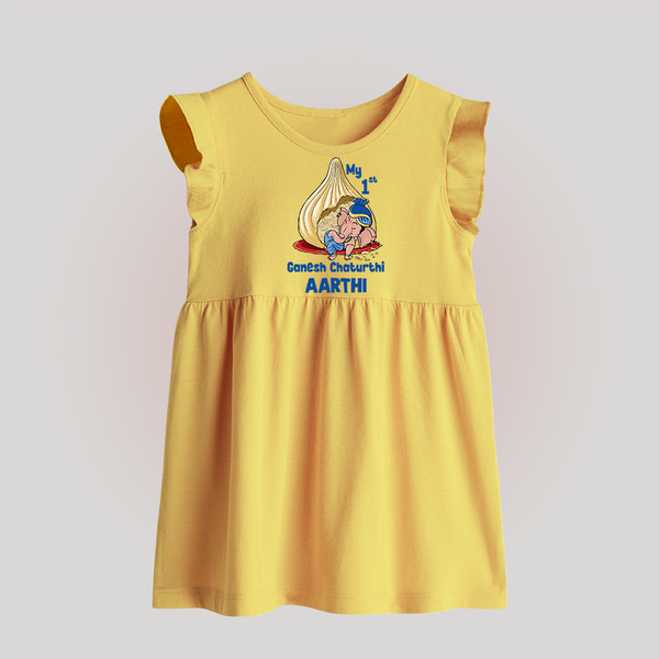 My First Cute Ganesha Under Umbrella Celebration Printed Baby Frock - PASTEL YELLOW - 0 - 3 Months Old (Chest 17")