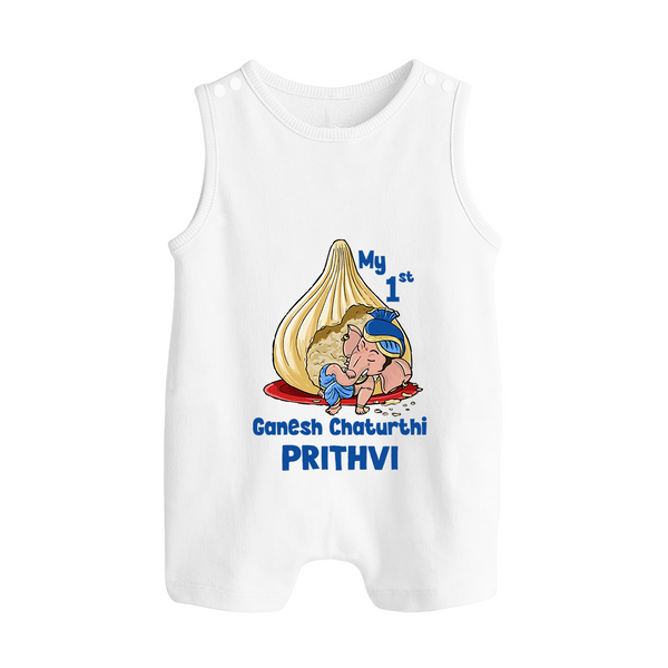 My First Cute Ganesha Under Umbrella Celebration Printed Button Romper - WHITE - New Born (Chest 18")
