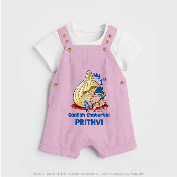 My First Cute Ganesha Under Umbrella Celebration Printed Dungaree - BABY PINK - 0 - 5 Months Old (Chest 18")