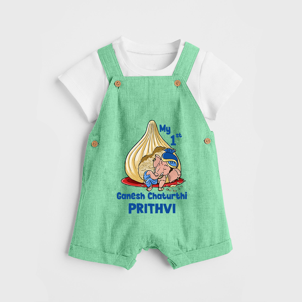 My First Cute Ganesha Under Umbrella Celebration Printed Dungaree - GREEN - 0 - 5 Months Old (Chest 18")
