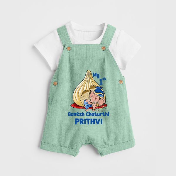My First Cute Ganesha Under Umbrella Celebration Printed Dungaree - MINT GREEN - 0 - 5 Months Old (Chest 18")