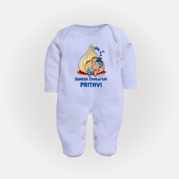 My First Cute Ganesha Under Umbrella Celebration Printed Fullbody Suit - BABY BLUE - New Born (Chest 7.5")