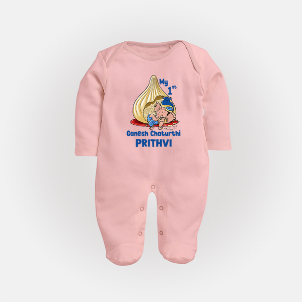 My First Cute Ganesha Under Umbrella Celebration Printed Fullbody Suit - BABY PINK - New Born (Chest 7.5")