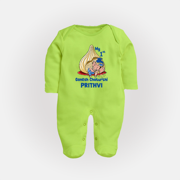 My First Cute Ganesha Under Umbrella Celebration Printed Fullbody Suit - LIME GREEN - New Born (Chest 7.5")