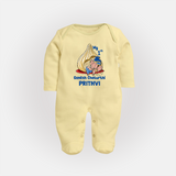 My First Cute Ganesha Under Umbrella Celebration Printed Fullbody Suit - PASTEL YELLOW - New Born (Chest 7.5")