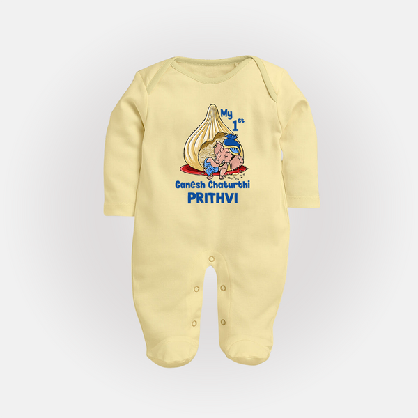 My First Cute Ganesha Under Umbrella Celebration Printed Fullbody Suit - PASTEL YELLOW - New Born (Chest 7.5")