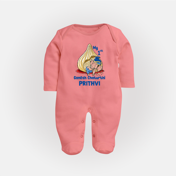 My First Cute Ganesha Under Umbrella Celebration Printed Fullbody Suit - PEACH - New Born (Chest 7.5")