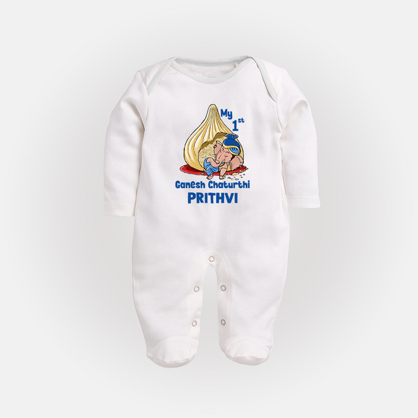 My First Cute Ganesha Under Umbrella Celebration Printed Fullbody Suit - WHITE - New Born (Chest 7.5")