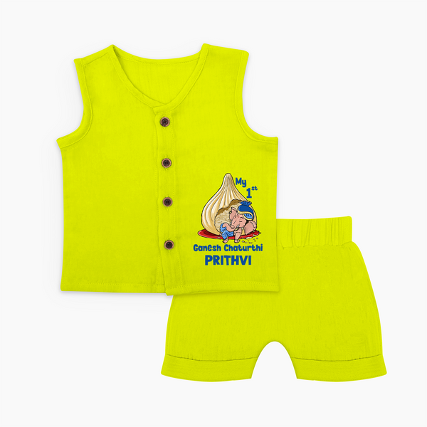 My First Cute Ganesha Under Umbrella Celebration Printed Jabla Set - LIME GREEN - 0 - 3 Months Old (Chest 9.8")