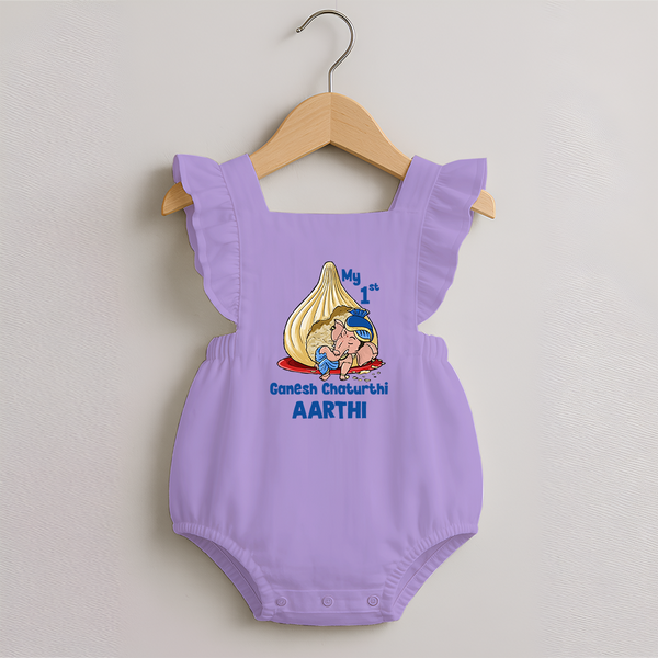 My First Cute Ganesha Under Umbrella Celebration Printed Romper Frock - LILAC - 0 - 3 Months Old (Chest 19")