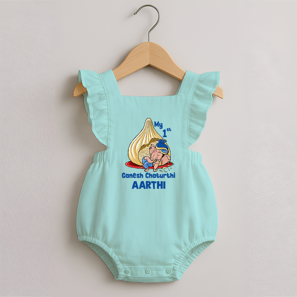 My First Cute Ganesha Under Umbrella Celebration Printed Romper Frock - MINT GREEN - 0 - 3 Months Old (Chest 19")