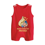 My First Cute Ganesha Under Umbrella Celebration Printed Button Romper - RED - New Born (Chest 18")