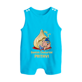 My First Cute Ganesha Under Umbrella Celebration Printed Button Romper - SKY BLUE - New Born (Chest 18")