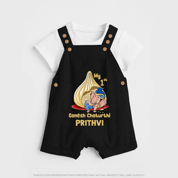 My First Cute Ganesha Under Umbrella Celebration Printed Dungaree - BLACK - 0 - 5 Months Old (Chest 18")