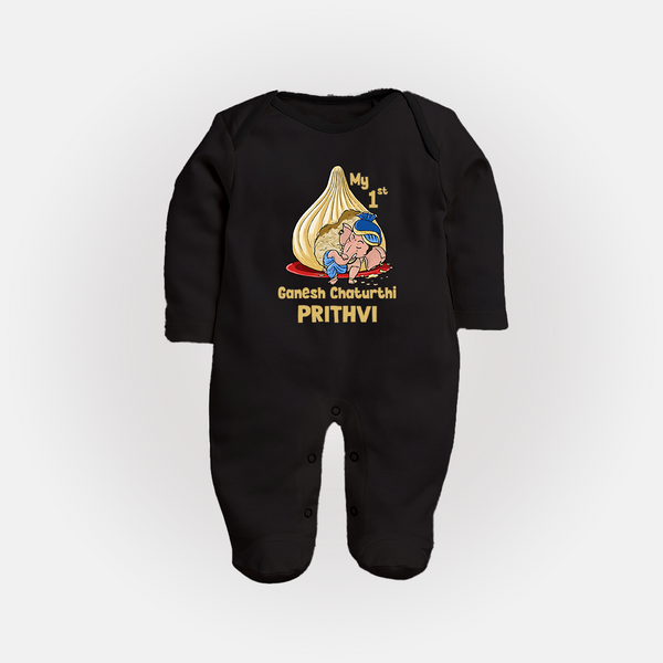 My First Cute Ganesha Under Umbrella Celebration Printed Fullbody Suit - BLACK - New Born (Chest 7.5")