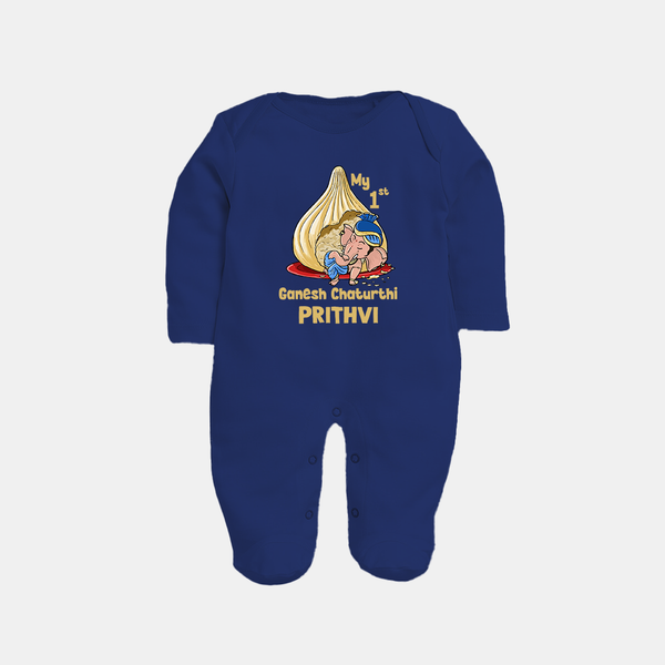 My First Cute Ganesha Under Umbrella Celebration Printed Fullbody Suit - NAVY BLUE - New Born (Chest 7.5")