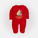 My First Cute Ganesha Under Umbrella Celebration Printed Fullbody Suit - RED - New Born (Chest 7.5")
