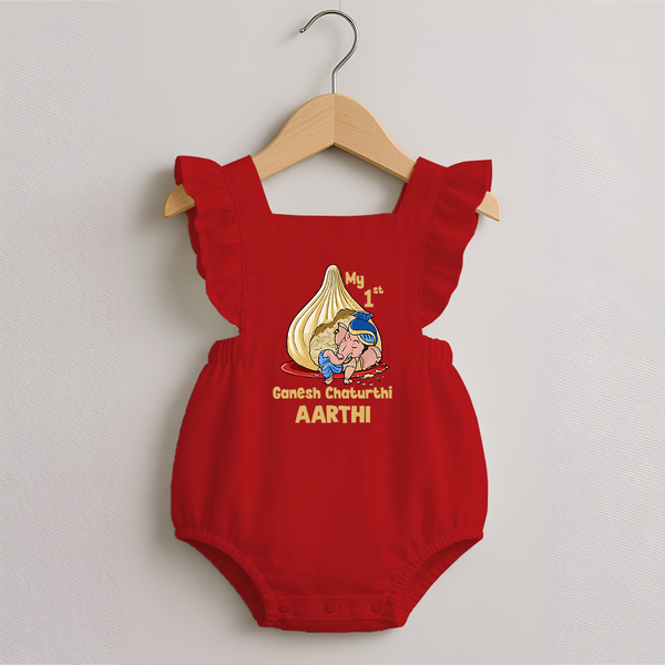 My First Cute Ganesha Under Umbrella Celebration Printed Romper Frock - RED - 0 - 3 Months Old (Chest 19")