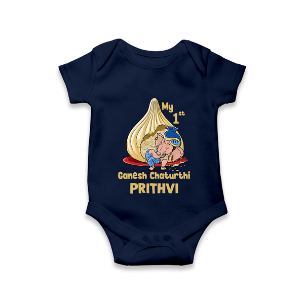 My First Cute Ganesha Under Umbrella Celebration Printed Romper - NAVY BLUE - New Born (Chest 14")