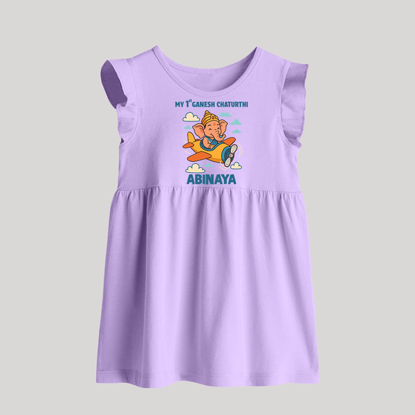 My First Little Ganesha Flying Adventure Illustration Printed Baby Frock - LILAC - 0 - 3 Months Old (Chest 17")