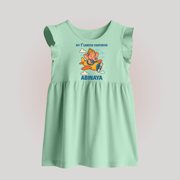 My First Little Ganesha Flying Adventure Illustration Printed Baby Frock - MINT GREEN - 0 - 3 Months Old (Chest 17")