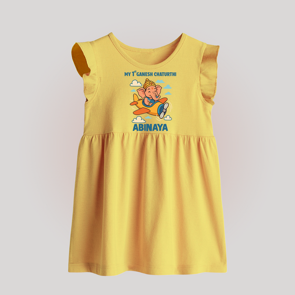 My First Little Ganesha Flying Adventure Illustration Printed Baby Frock - PASTEL YELLOW - 0 - 3 Months Old (Chest 17")