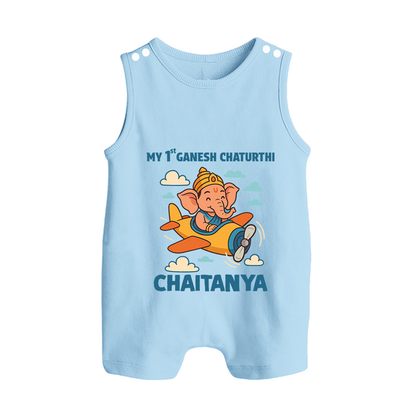 My First Little Ganesha Flying Adventure Illustration Printed Button Romper - BABY BLUE - New Born (Chest 18")