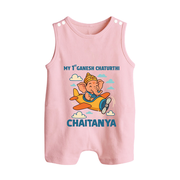 My First Little Ganesha Flying Adventure Illustration Printed Button Romper - BABY PINK - New Born (Chest 18")