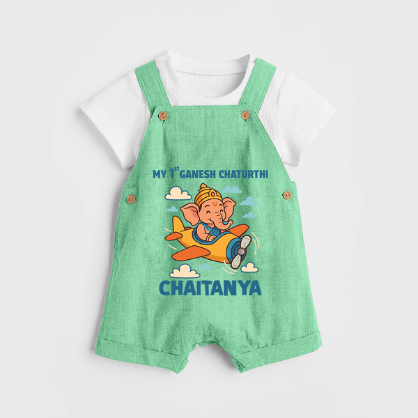 My First Little Ganesha Flying Adventure Illustration Printed Dungaree - GREEN - 0 - 5 Months Old (Chest 18")
