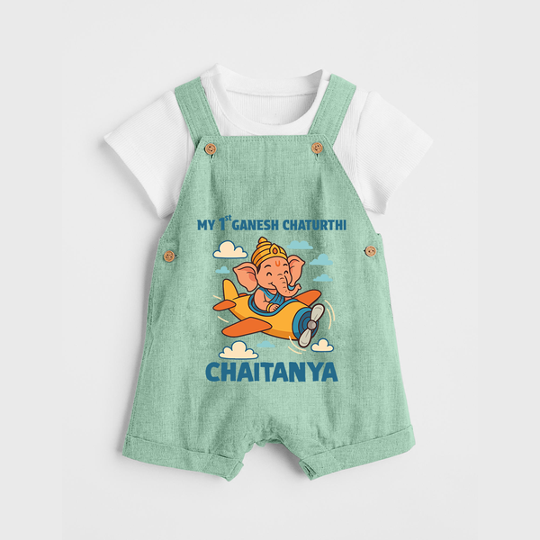 My First Little Ganesha Flying Adventure Illustration Printed Dungaree - MINT GREEN - 0 - 5 Months Old (Chest 18")