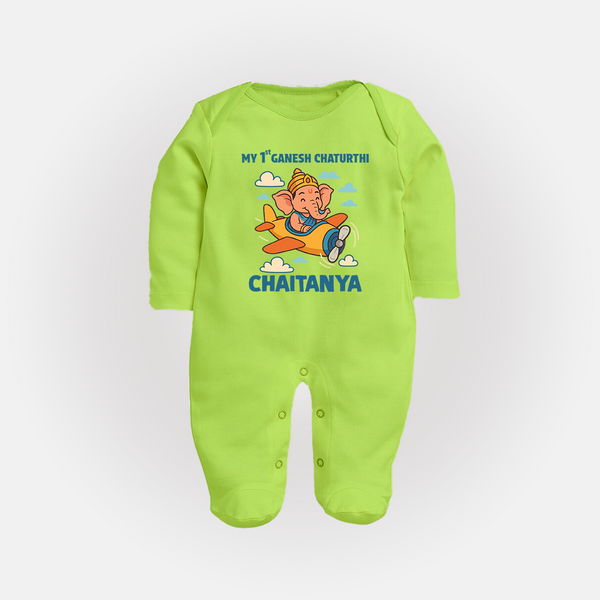 My First Little Ganesha Flying Adventure Illustration Printed Fullbody Suit - LIME GREEN - New Born (Chest 7.5")