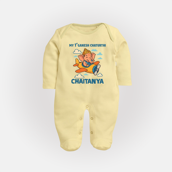 My First Little Ganesha Flying Adventure Illustration Printed Fullbody Suit - PASTEL YELLOW - New Born (Chest 7.5")