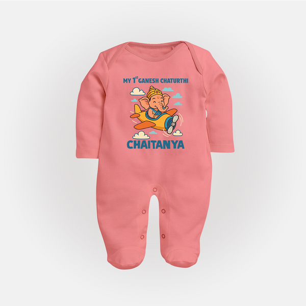 My First Little Ganesha Flying Adventure Illustration Printed Fullbody Suit - PEACH - New Born (Chest 7.5")