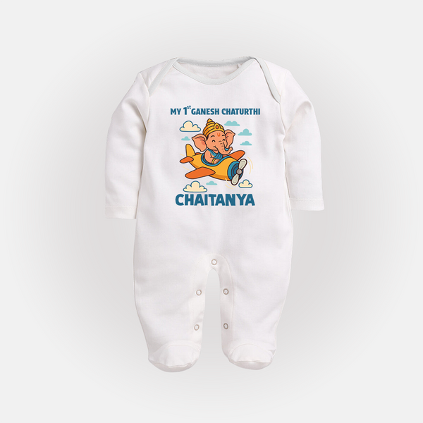 My First Little Ganesha Flying Adventure Illustration Printed Fullbody Suit - WHITE - New Born (Chest 7.5")