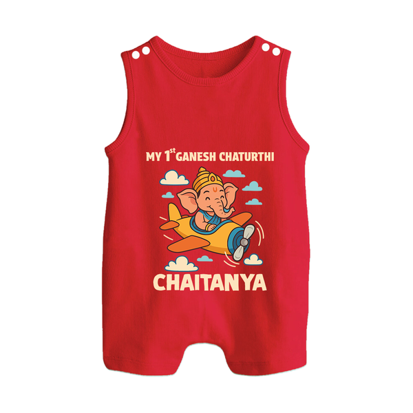 My First Little Ganesha Flying Adventure Illustration Printed Button Romper - RED - New Born (Chest 18")
