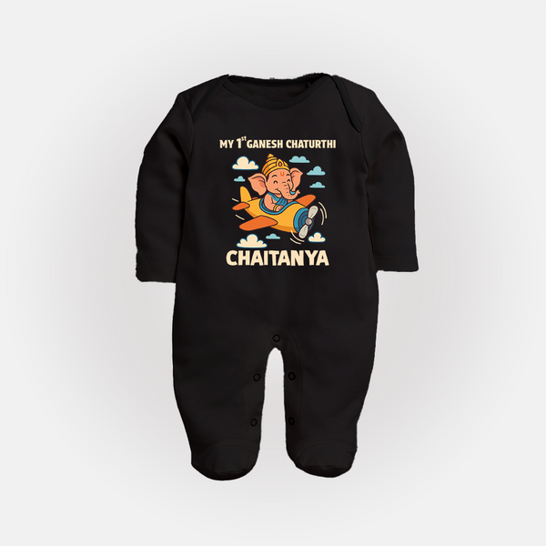 My First Little Ganesha Flying Adventure Illustration Printed Fullbody Suit - BLACK - New Born (Chest 7.5")
