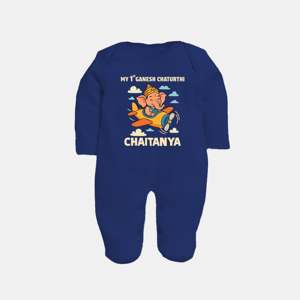 My First Little Ganesha Flying Adventure Illustration Printed Fullbody Suit - NAVY BLUE - New Born (Chest 7.5")