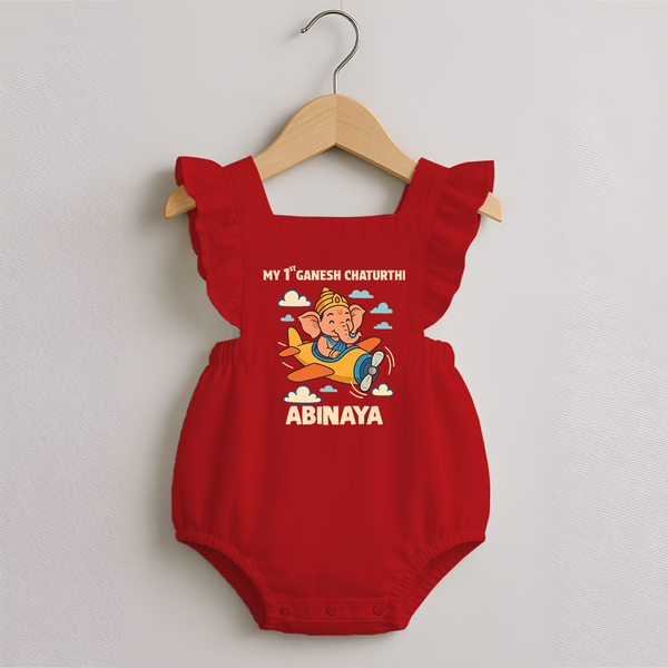 My First Little Ganesha Flying Adventure Illustration Printed Romper Frock - RED - 0 - 3 Months Old (Chest 19")