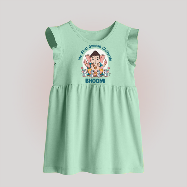My First Baby Ganesha With Mouse Companion Printed Baby Frock - MINT GREEN - 0 - 3 Months Old (Chest 17")