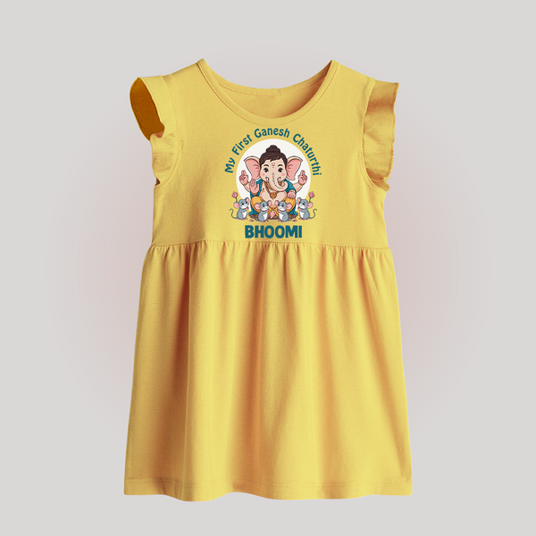 My First Baby Ganesha With Mouse Companion Printed Baby Frock - PASTEL YELLOW - 0 - 3 Months Old (Chest 17")
